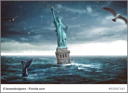 So weit wir es hoffentlich nie kommen: die Freiheitsstatue in New York versinkt im Ozean
